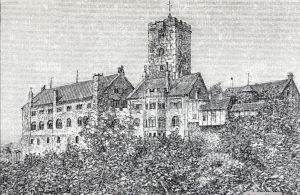 Reproduction (lithographie) du Château de la Wartburg, dans les environs d'Eisenach, tel qu'il apparut à Wagner, dans une conception idéalisée pour la première fois.