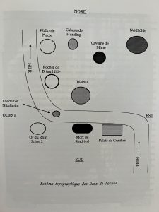 Schéma topographique des lieux de l’action réalisé par l’auteur de l’article in « Richard Wagner en décors naturels » par Henri PERRIER